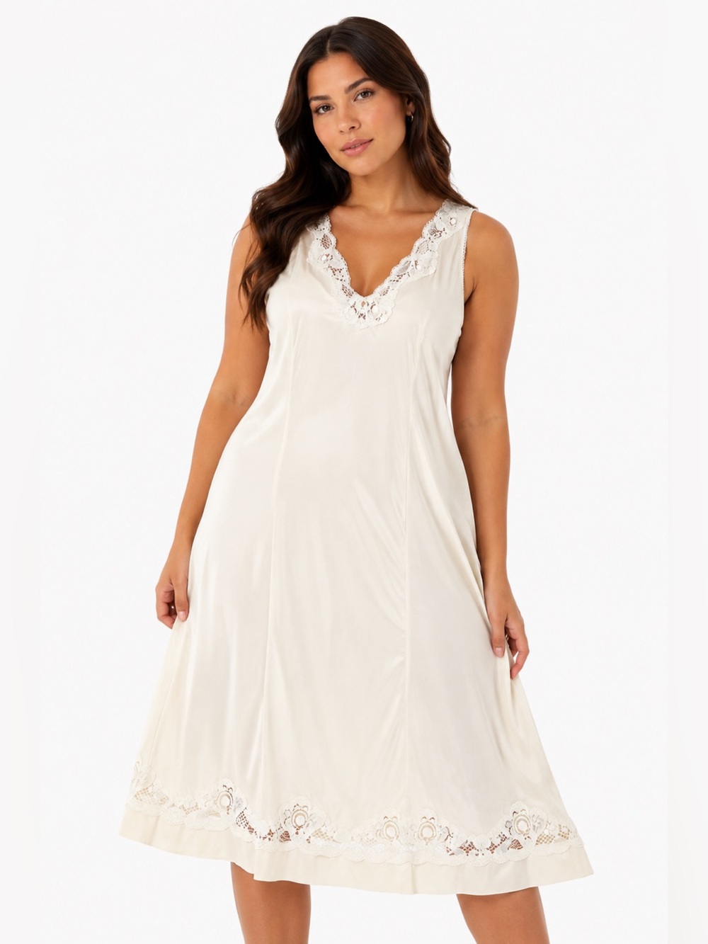 70s European Vintage Lace Trim Nylon Midi Slip Dress (Ivory/Cream) Size L/XL